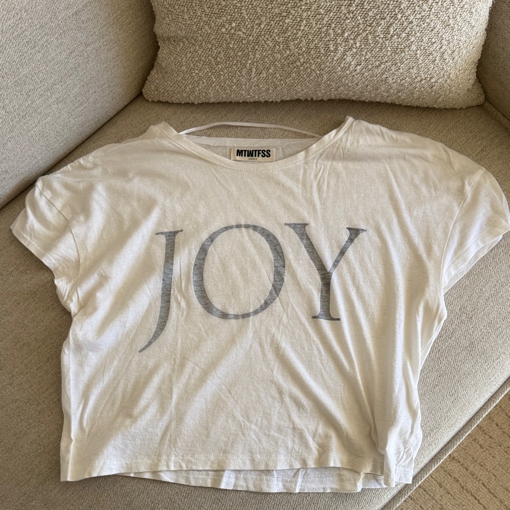 White Graphic Boxy Tee with 'JOY' Print